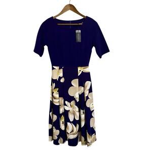 Oxiuli Fashion Dress Womens M 8 Fit & Flare A-Line Floral Blue Tan Cream Pockets